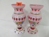 Beautiful Pair of Bohemian Czech White Cut to Cranberry Art Glass Vases