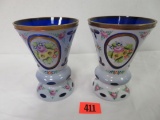 Beautiful Pair of Bohemian Czech White Cut to Cobalt Blue Art Glass Vases