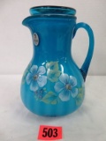 Fenton Hand Painted Teal Blue Water Carafe