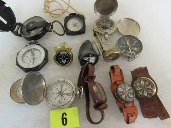 Collection (13) Vintage Compasses Marbles, Military, Etc.