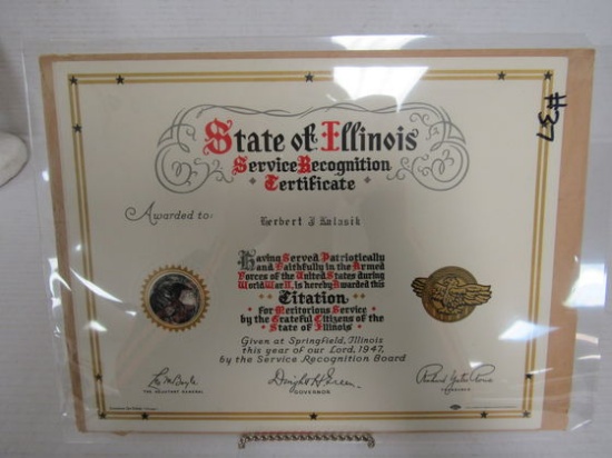 Wwii Illonis Service Recognition Cert.