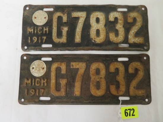 Antique 1917 Michigan Matched Pair License Plates