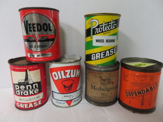 Lot of (6) Antique Grease Cans Inc. Veedol, Oilzum and Others