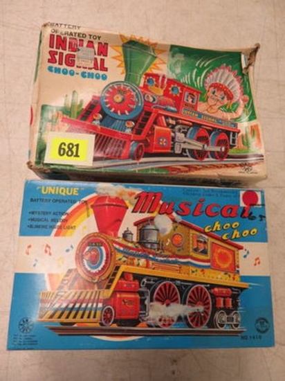 Lot of (2) Kanto Toys (Japan) Battery Op Trains, Inc. Indian Signal and Musical Choo Choo