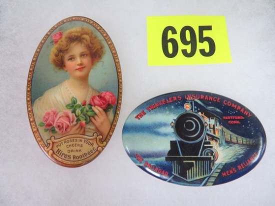 Lot of (2) Antique Advertising Pocket Mirrors Inc. Hires Rootbeer and Travelers Ins.