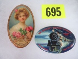 Lot of (2) Antique Advertising Pocket Mirrors Inc. Hires Rootbeer and Travelers Ins.