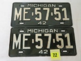 Original 1942 Michigan Matched Pair of License Plates