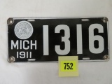 Antique 1911 Michigan Porcelain License Plate