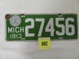 Antique 1913 Michigan Porcelain License Plate