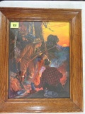 1930s Framed Color Lithograph Print of Bear Approaching Hunters Campfire