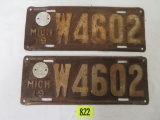 Antique 1919 Michigan Matched Pair License Plates