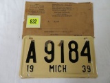 1939 Michigan License Plate w/ Orig Envelope