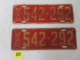 Original 1922 Michigan Matching Pair of License Plates