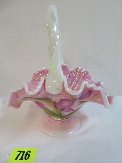 Fenton Pink Snowcrest Hand Painted Iridized Art Glass Basket