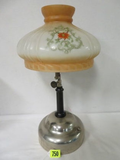 1920s New Ready Lite Fuel Lamp w/ Hand Painted Glass Shade