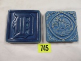 Lot of (2) Decorative Tiles Inc. Pewabic Detroit Tigers and Two Rivers Sailboat