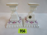 Pair of Westmoreland Hand Painted Milk Glass Candlesticks