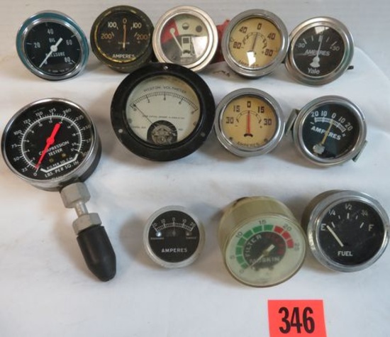 Grouping of (12) Vintage Autombobile Gauges Inc. Amp Gauges, Fuel and Oil Pressure and More