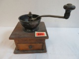 Antique Primitive Cast Iron and Wood Hand Crank Coffee Grinder