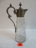 Victorian Etched Glass Carafe with Silver Plated Top