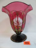 Outstanding Fenton Cranberry Splendor Hand Painted Vase, Artist Signed