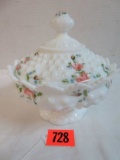 Fenton Hobnail Milk Glass Hand Painted Covered Candy Dish, Artsit Signed
