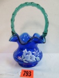 Fenton Cobalt Blue Hand Painted Basket, Artist Signed