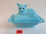 Westmoreland Blue Milk Glass Cat on Nest Covered Dish