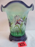 Fenton Willow Green Opalescent Hand Painted Vase w/ Purple Crest and Base