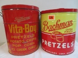 Lot of (2) General Store 5 Lb. Metal Pretel Tins Inc. Bachman, Famous Foods Vita-Boy