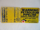 Lot of (2) Vintage Sunoco Pipeline Dbl Sided Metal Warning Signs