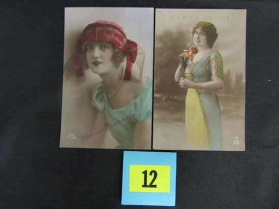 (2) Pretty Lady Hand Tinted Color Postcards