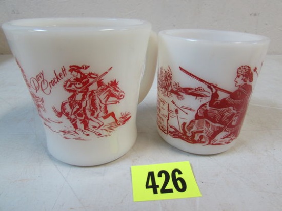 Antique Davy Crockett & Daniel Boone Milk Glass Mugs