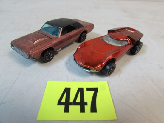 (2) Vintage Redline Hot Wheels Turbofire (orange), Custom T-bird (brown)