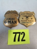 (2) Antique Melvin Purvis Junior G-man Badges