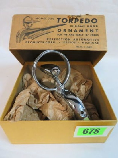 Nos 1940s Ford Torpedo Chrome Hood Ornament in Original Box