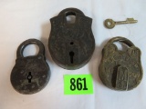 Lot of (3) Antique Lever Style Locks Inc. (1) With Key