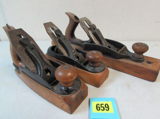 (3) Antique Wood Block Planes Stanley/ Bailey No. 22, Union #27 & 35