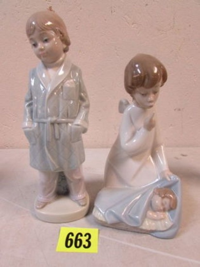 (2) Lladro Porcelain Figurines Boy In Robe (8"), Angel With Baby (7")