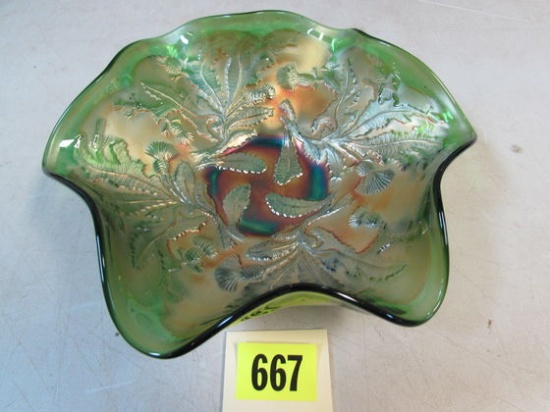 Antique Carnival Glass 9" Bowl Thistle Pattern Green (fenton)
