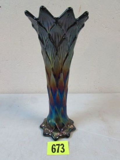 Antique Carnival Glass 9" Vase Lined Lattice Purple (dugan)