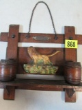 Antique Oak Wall/ Match Holder With Lion