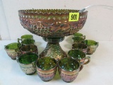 Vintage Imperial Carnival Glass Grape & Cable Punchbowl Set Green