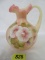 Fenton Burmese Rib Optic Hand Painted Pitcher, Artist Signed