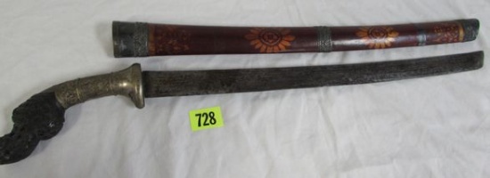 Antique Indonesian 27" Sword w/ Decorated Wood Scabbard