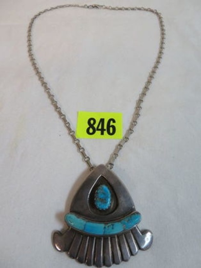 Beautiful Turquoise and Sterling Silver Necklace w/ Large Pendant inset w/ Bisbee Turquoise