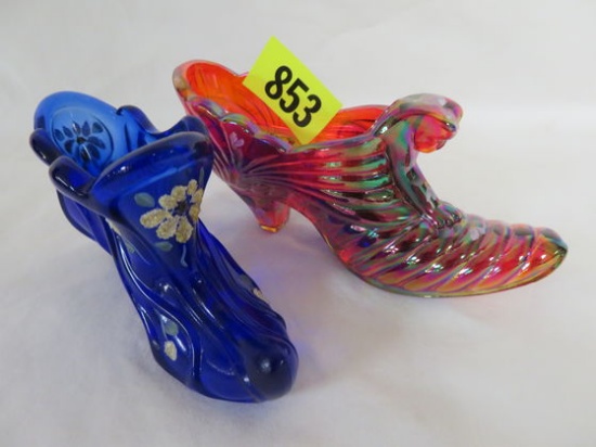 Lot of (2) Fenton Art Glass Shoes Inc. Red Carnival Glass and Cobalt Hand Painted