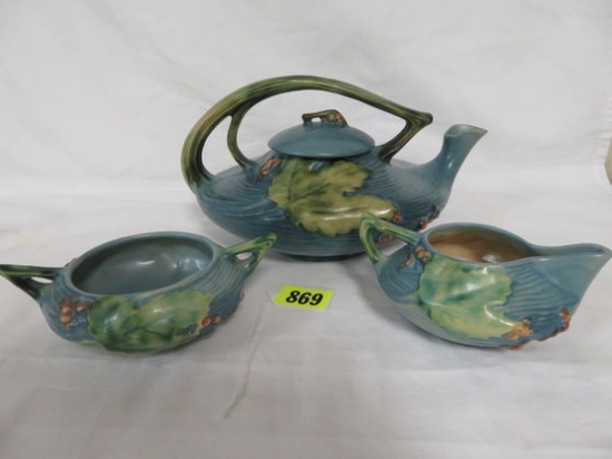 Vintage Roseville Pottery Blue Bushberry Teapot w/ Cream and Sugar Bowls