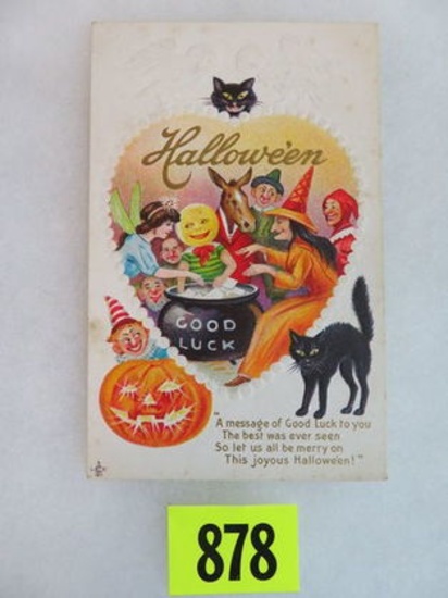 Antique Halloween Postcard With Old Witch and Black Cat