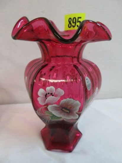 Fenton Cranberry 9" Hand Painted Vase, Artist Signed